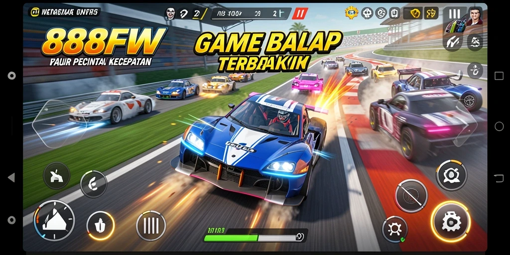 Screenshot gameplay 888FW menunjukkan aksi balap yang mendebarkan.