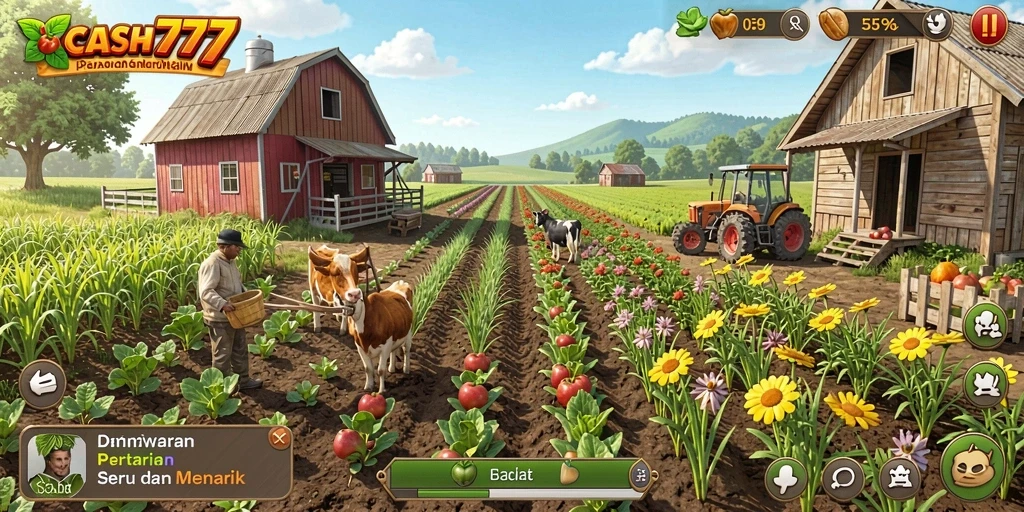 Tangkapan layar utama CASH777 menampilkan gameplay bertani yang seru dan interaktif.