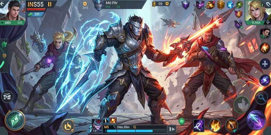 Tampilan gameplay mendebarkan di INS55, pertarungan khas MOBA.