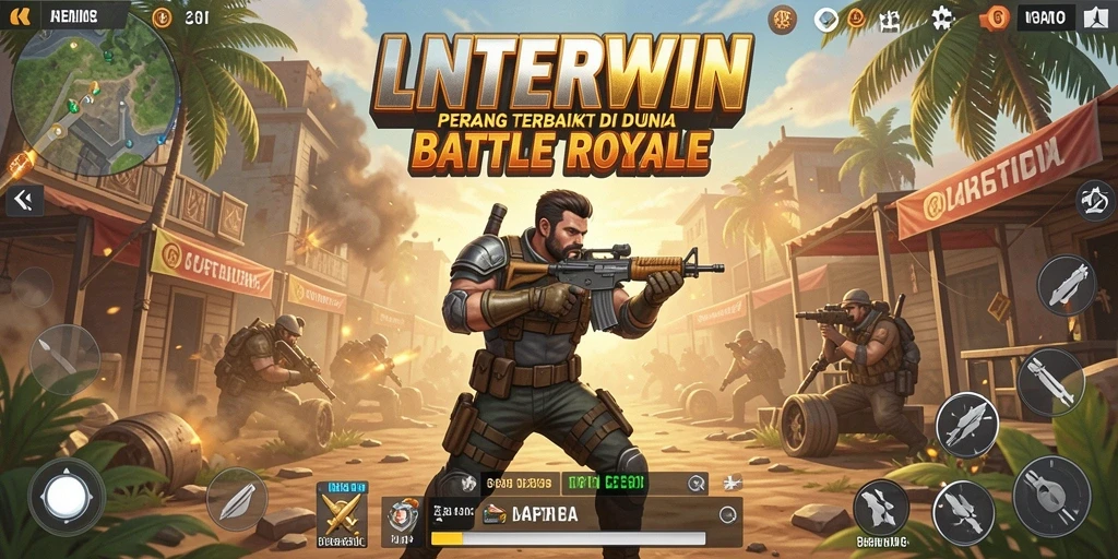 Screenshot LNTERWIN menunjukkan aksi mendebarkan dalam pertempuran Battle Royale.