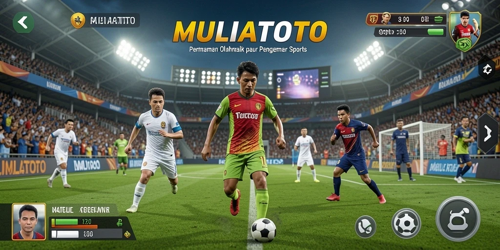 Screenshot utama MULIATOTO menampilkan aksi seru di lapangan olahraga.