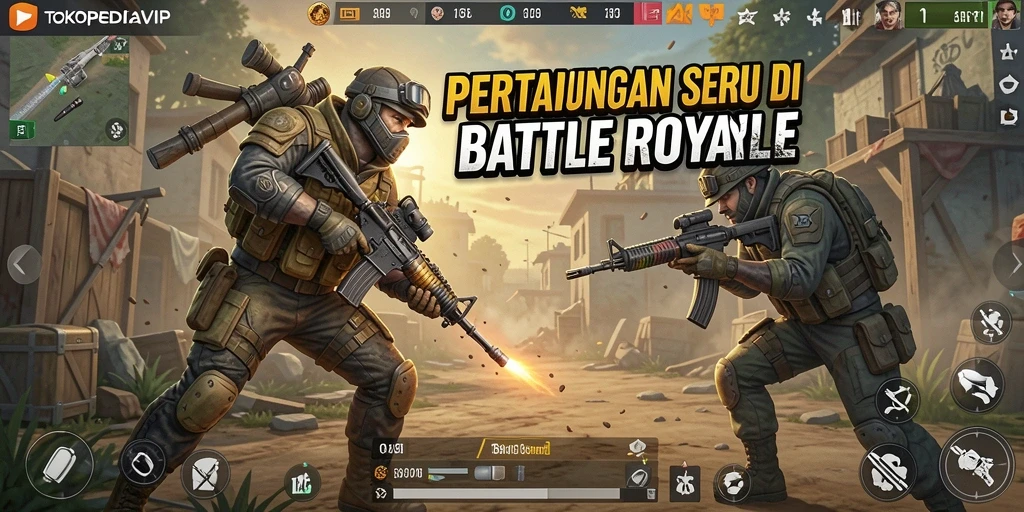 Screenshot utama TOKOPEDIAVIP menampilkan aksi pertarungan seru dalam Battle Royale.